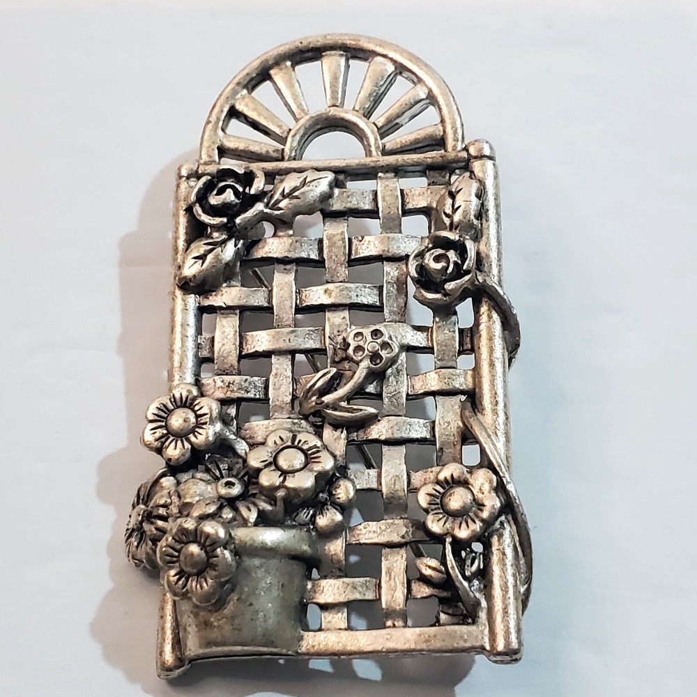 Vintage Danecraft Silver Tone Pewter Metal Flower Garden Trellis Brooch Pin